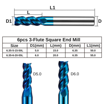 [Discontinued] SN06A, 1/4’’ Shank, 3-Flute, 5 & 6mm Cutting, 6 Pcs End Mill for Aluminum Applications