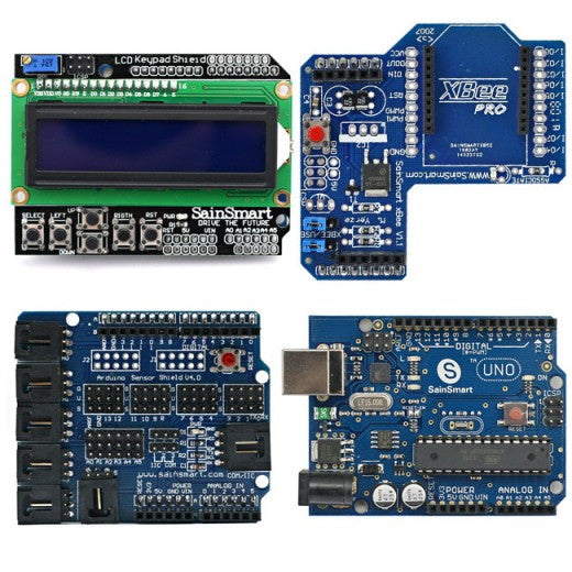 [Discontinued] SainSmart UNO + SainSmart LCD Keypad Shield + SainSmart XBee Shield + SainSmart Sensor Shield V4 For Arduino