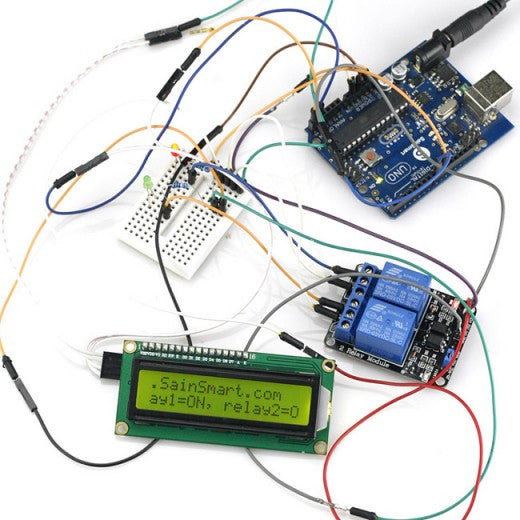 [Discontinued] SainSmart UNO + 2-Channel Relay Module + IIC 1602 LCD Y + Prototype Shield For UNO Mega2560 1280 Duemilanove R3 AVR ATMEL Robot