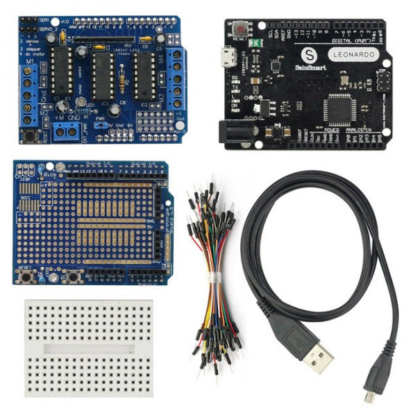 [Discontinued] Sainsmart Leonardo R3+Prototype Shield(with Breadboard Jump Wires) + L293D Motor Drive Shield For Arduino