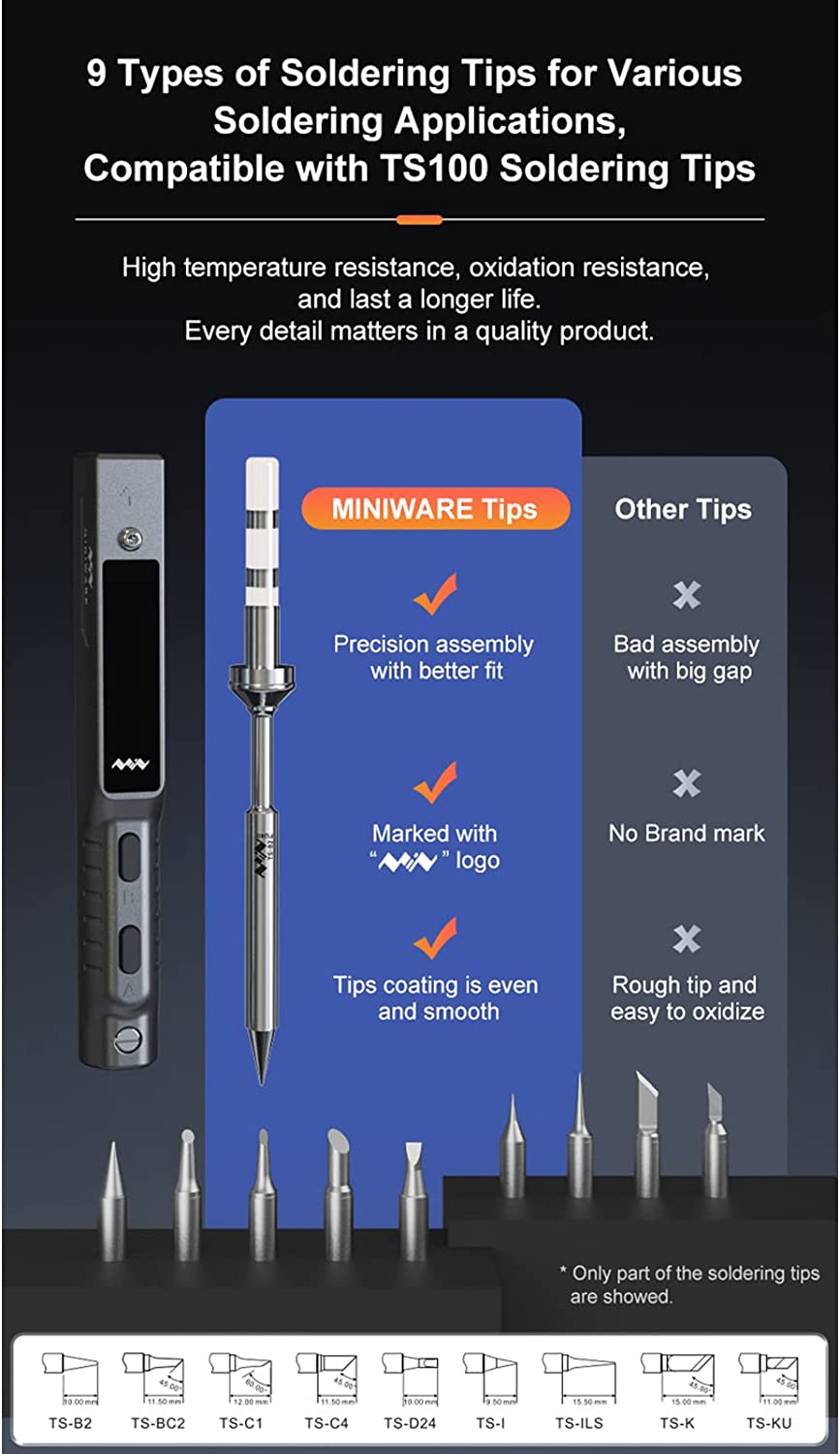 TS101 65W Smart Soldering Iron with TS-B2 Tip & USB Type C Cable, DC+PD Power Input