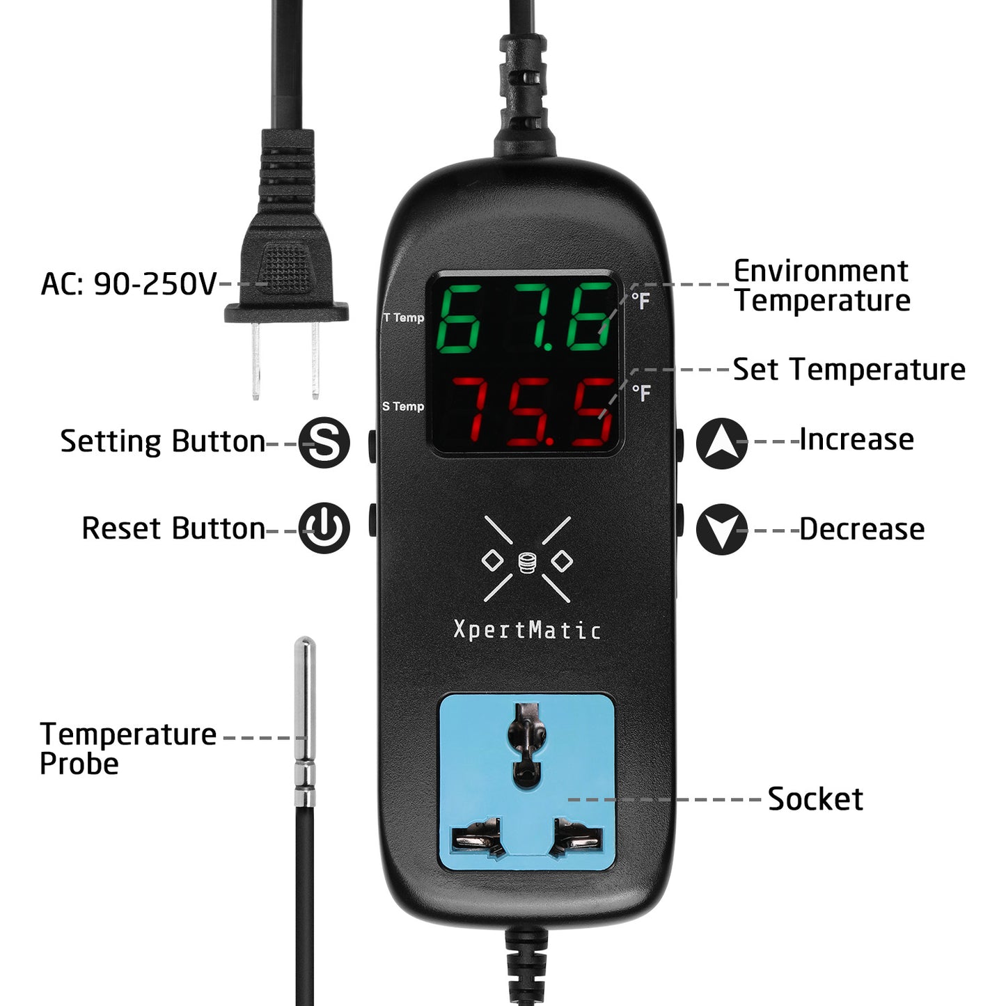 XpertMatic MH-2000 Digital Temperature Controller, Single Socket, 2200W