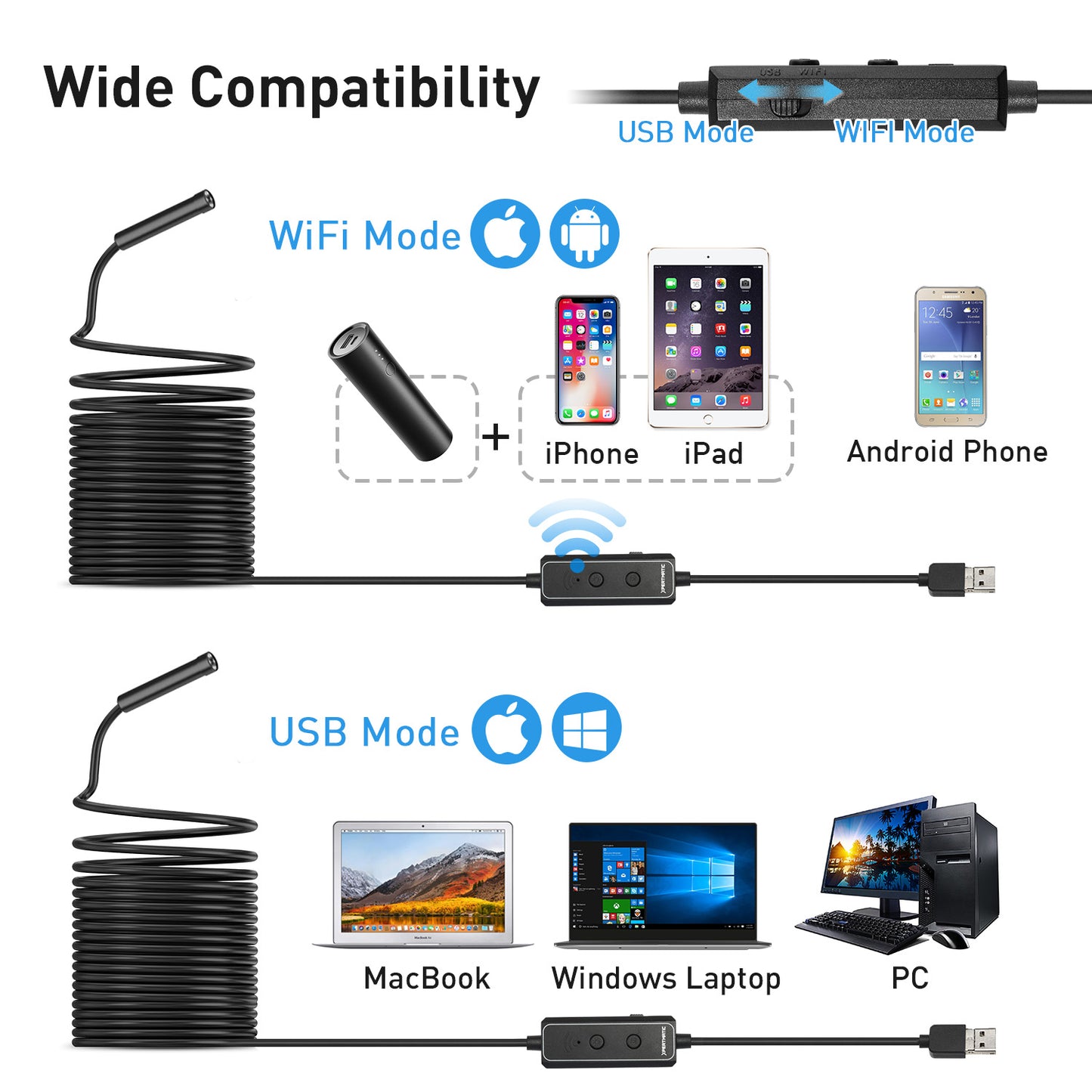 XpertMatic F160 WiFi/USB 2in1 Borescopes, 1080P, 8.0mm, Far Focus