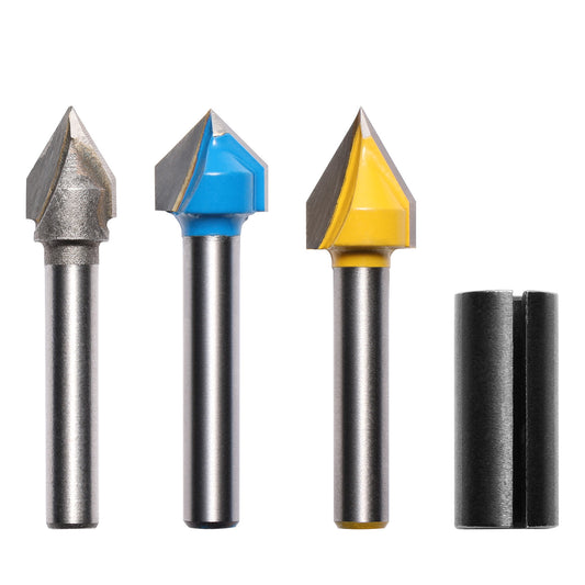 VG03A, 1/4'' Shank, 60 & 90 Degree V-Grooving, for Acrylics, Plastics, Carbon fiber, 3Pcs Router Bit Set