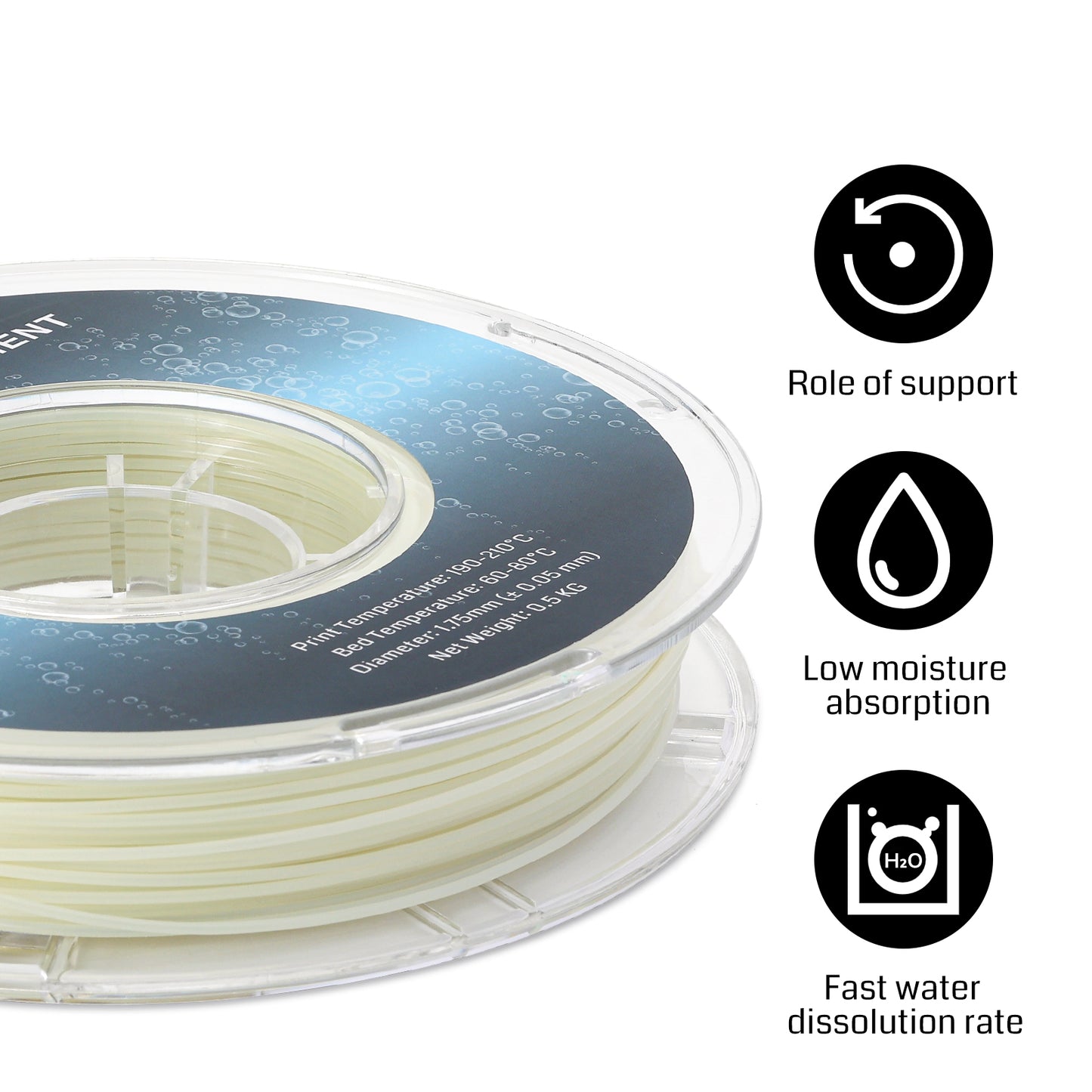 Natural PVA Dissolvable Filament, Water Soluble Support 1.75mm, 0.5kg/1.1lbs, Accuracy +/- 0.05mm