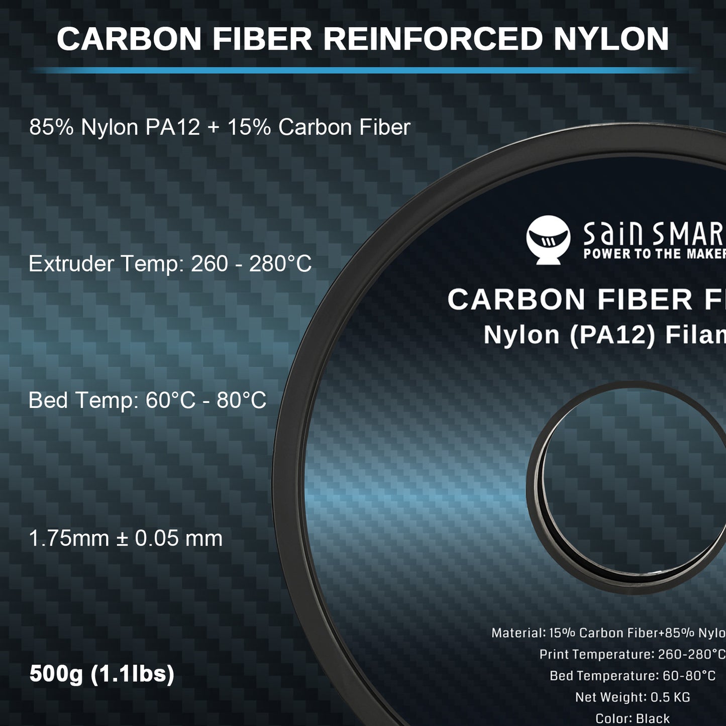 ePA12-CF 1.75mm Carbon Fiber Nylon Filament, 0.5kg, Accuracy +/- 0.05 mm, Black