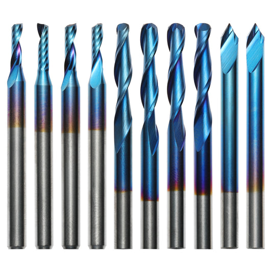 EM10B, 1/8" Shank, End Mill Set, for Nylon, Resin, ABS, Acrylic, PVC, MDF, Hardwood,10Pcs